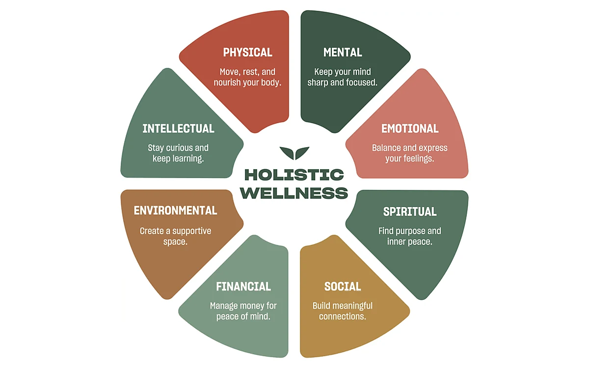 The eight elements of holistic wellness: physical, mental, emotional, spiritual, social, financial, environmental and intellectual